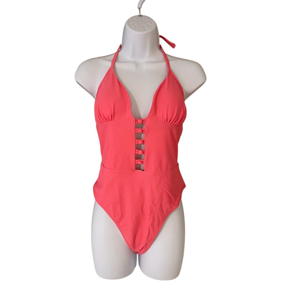 NWT Cupshe Size Large Pink One Piece Swimsuit Swim Lined Tie Halter Cutout NEW